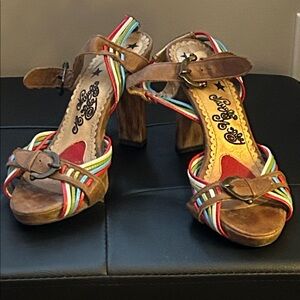 Naughty Monkey Brown Heels with Multicolor Straps